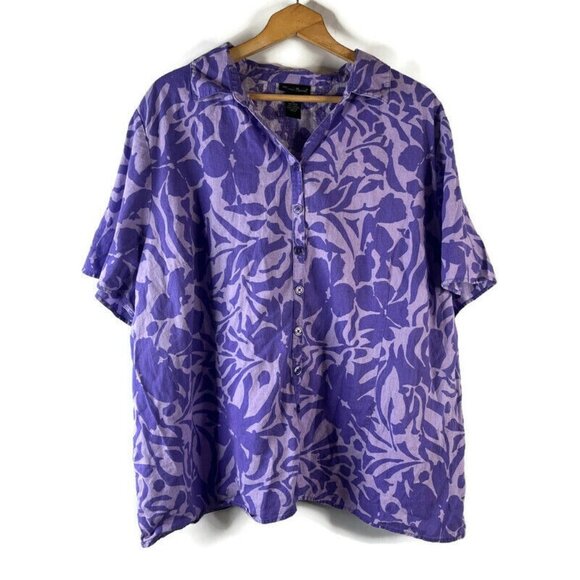 Maggie Barnes Womens Linen Button Up Shirt Size 3X Purple Floral Short Sleeve - Picture 1 of 8